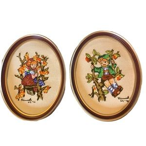 Vintage Hummel Hand Stitched Framed Embroidery Boy and Girl in Apple Tree